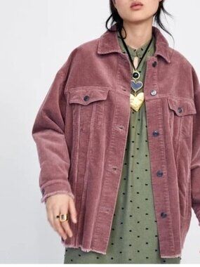 Zara Oversized Pink Corduroy Jacket Frayed Hem Button Front Casual Outerwear